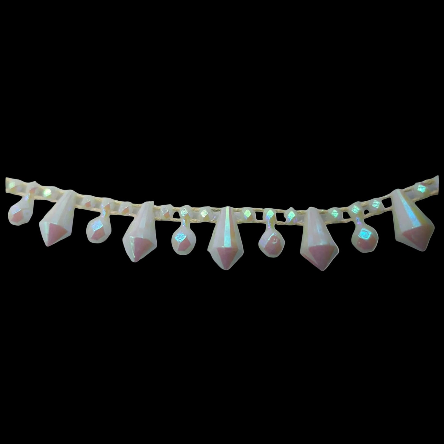 12mm plastic teardrop trim with AB finish and alternating faceted beads, molded on thread.