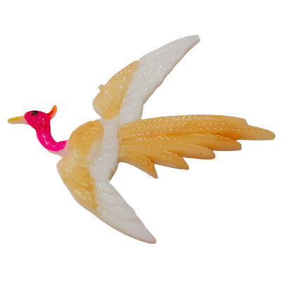 Hand-painted plastic flat back large bird with white and yellow wings and pink head, left-facing, 34×50mm.
