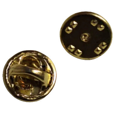 Gold color metal butterfly clutches shown front and reverse, 12 mm pin backs with spring locking mechanism, bulk pack.