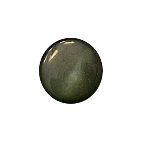 Front view of dark green dyed Troca shell button with natural nacre reflection and a self-shank attachment, 11.4mm.
