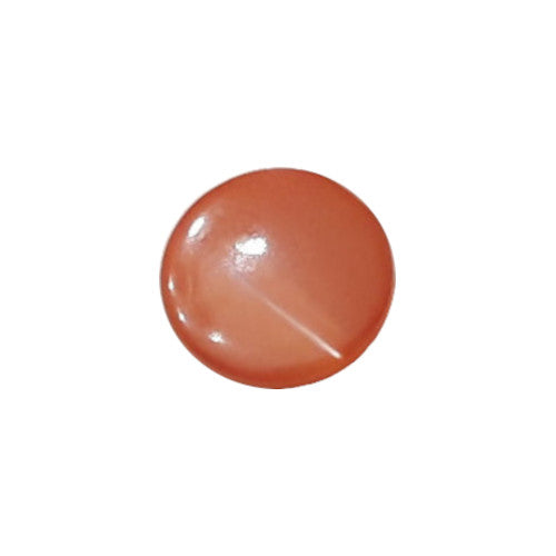 Front view of dyed orange Troca shell button with natural nacre reflection, self-shank, 10mm.