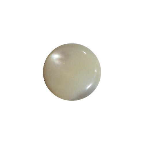 Front view of dyed cool white Troca shell button with natural nacre reflection, self-shank, 10mm.