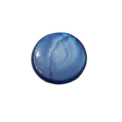 Front view of slate blue dyed Troca shell button with natural nacre reflection and a self-shank attachment, 11.4mm.