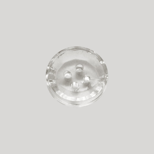 Clear concave crystal glass button with four holes and smooth round profile in 10mm size.
