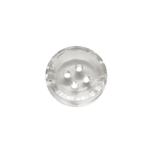 Clear concave crystal glass button with four holes and smooth round profile in 10mm size.