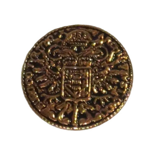 Back view of antique gold metal button showing steel back plate with integrated shank and crimped brass shell edge, 18mm size
