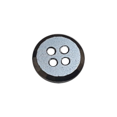Four-hole glass button with gunmetal-colored plated finish and faceted beveled rim, 11.4mm/18L.