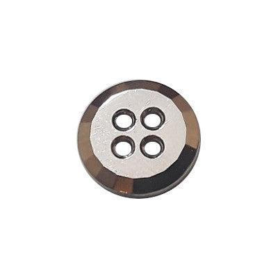 Four-hole glass button with silver-colored plated finish and faceted beveled rim, 11.4mm/18L.
