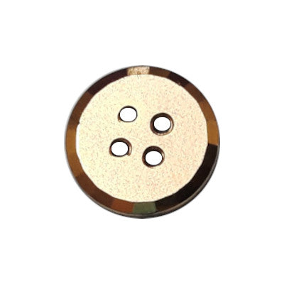 Four-hole glass button with gold-colored plated finish and faceted beveled rim, 14mm/122L.