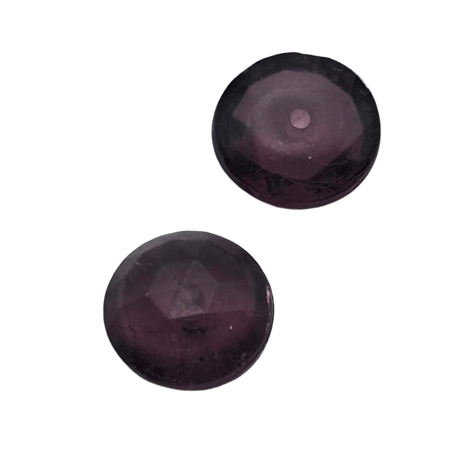 Front and back of amethyst round faceted translucent glass pin topper, 10mm, vintage.