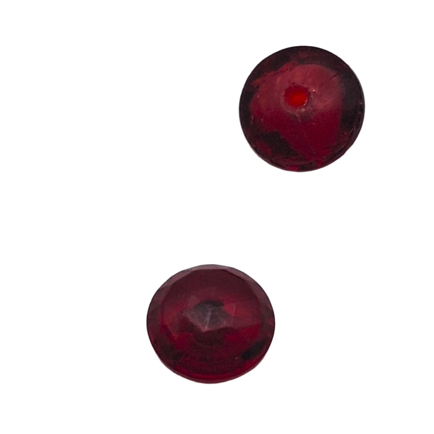 Front and back ruby round faceted translucent glass pin topper, 8mm, vintage.