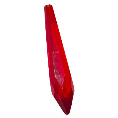 “Ruby red faceted glass chandelier spear with elongated tapered shape and top-drilled hole near the tip, 8×40 mm.”