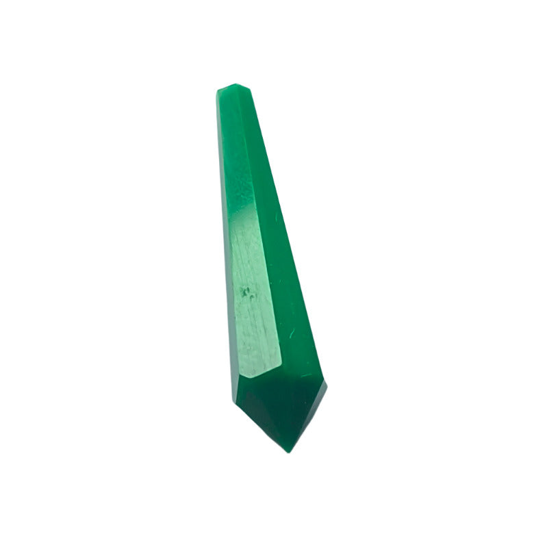 Green faceted plastic drop, 6×28 mm, with smooth no-hole construction shown in angled view.