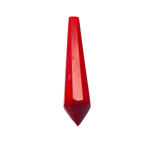 Red faceted plastic drop, 6×28 mm, with smooth no-hole construction shown in angled view.