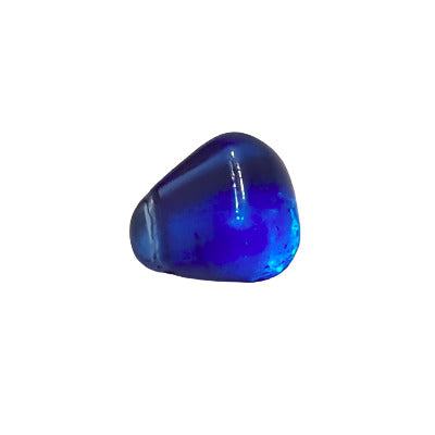 Sapphire blue glass kernel drop with smooth rounded shape and side-drilled hole, 8×10 mm.