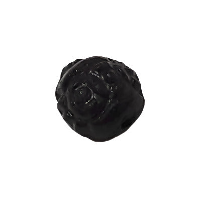 Jet black glass bead with a molded rose design and a smooth raised surface, 10 mm.