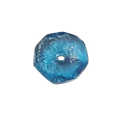 Small flat blue glass spacer bead, 7 mm, shown in close-up with translucent faceted detail.