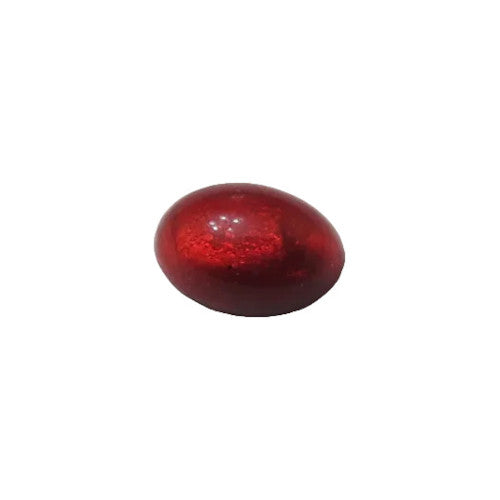 Ruby glass oval cabochon with Fire Ruby internal inclusions, domed surface, 7×10mm, flat back