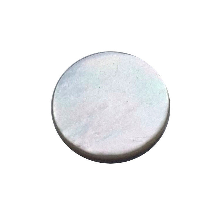 White 10mm round shell cabochon with a polished flat top.