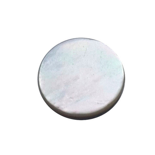 White 10mm round shell cabochon with a polished flat top.