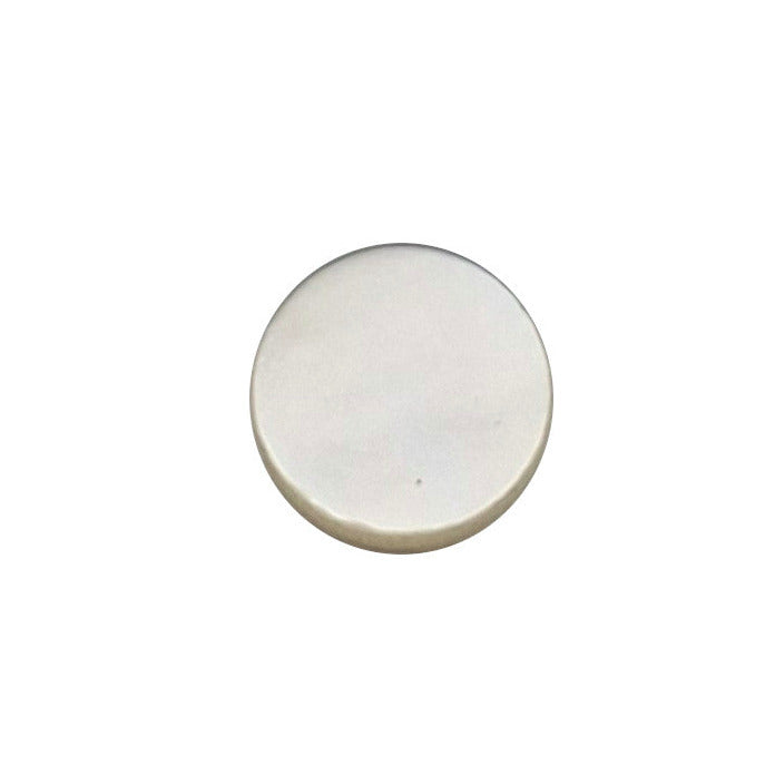 White 8mm round shell cabochon with a flat polished top.