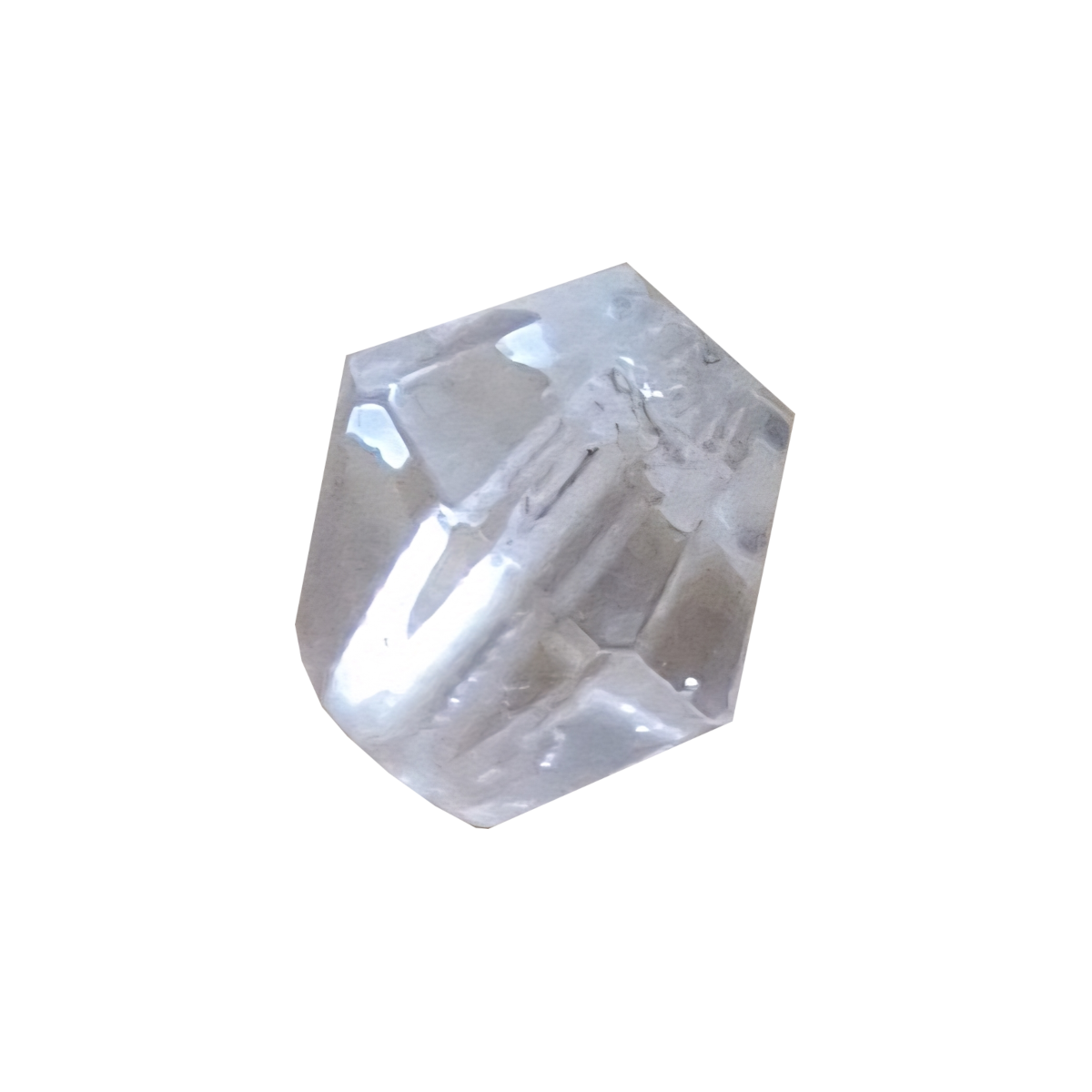 Clear faceted bicone glass bead showing shape and center drilling, 6 mm