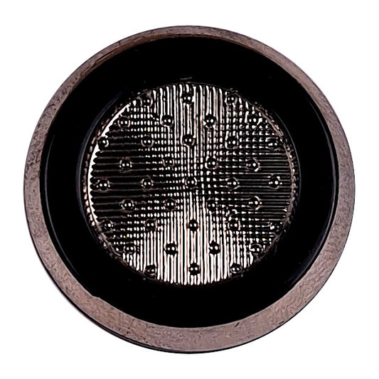 Black glass button with a textured geometric center and a silver-colored outer band, 23mm/36L.