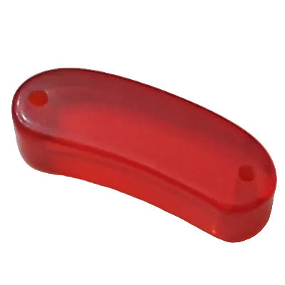 Red semi-translucent plastic bead in curved bar shape with two holes at each end, 21mm size