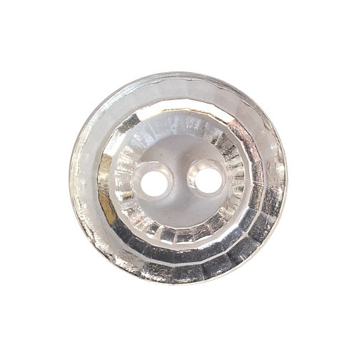 Clear plastic button with silver center detail, faceted design, and two holes, 15mm size