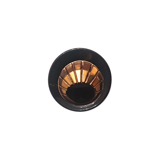 Black glass button with a concave center and gold luster ribbed detail, 10mm/16L.