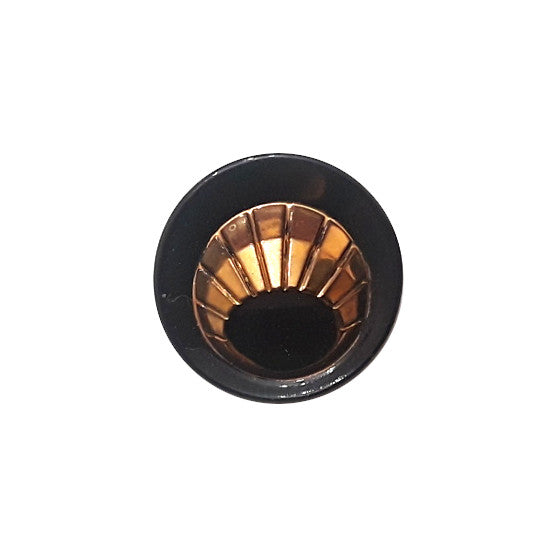 Black glass button with a concave center and gold luster ribbed detail, 11.4mm/18L.