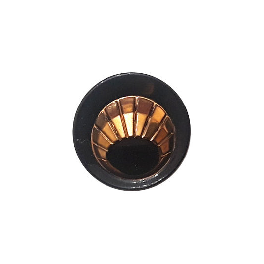 Black glass button with a concave center and gold luster ribbed detail, 11.4mm/18L.