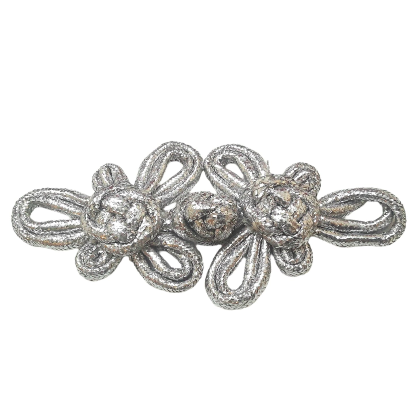 A large 140mm silver pajama frog closure made from braided cord with twin knot motifs.