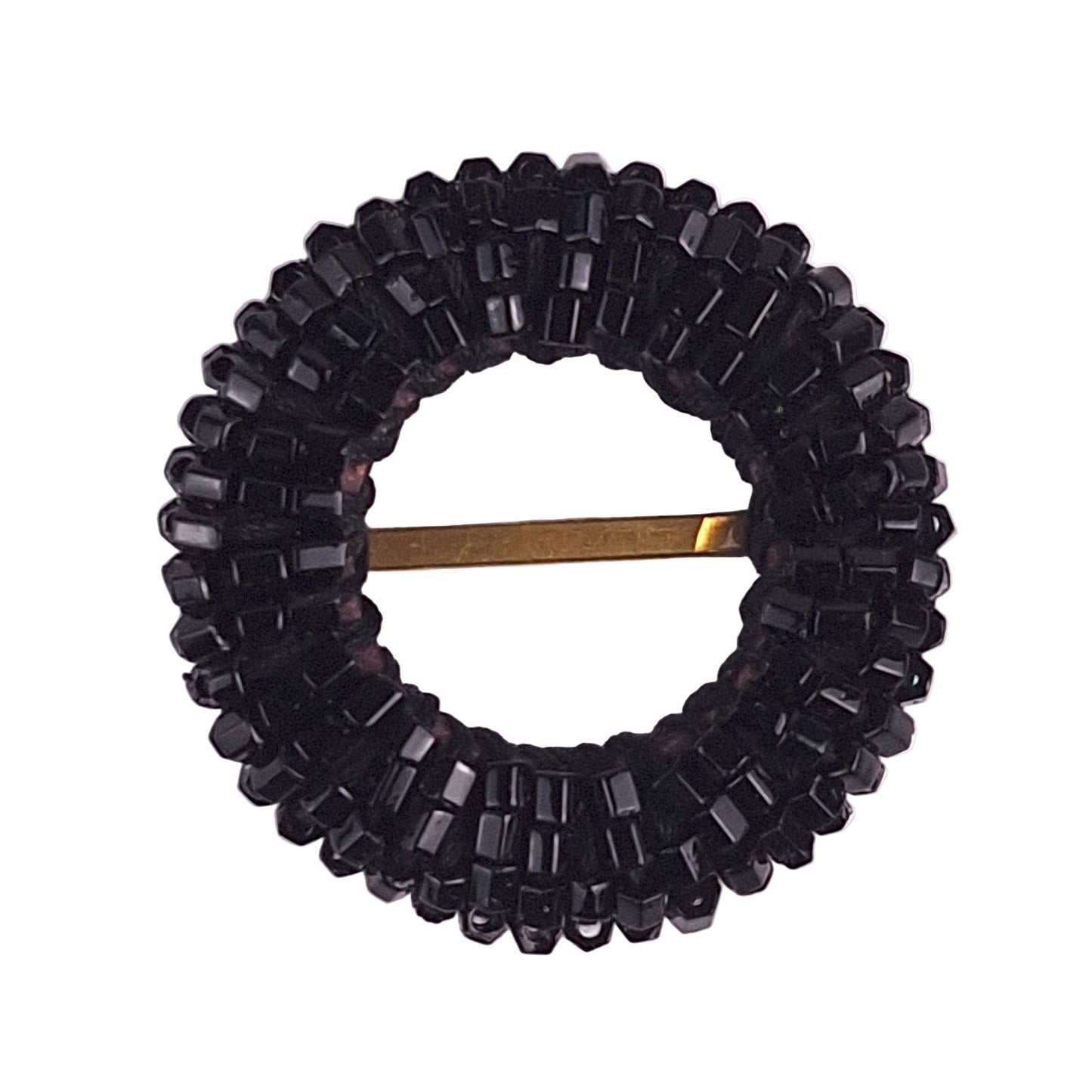 Black buckle: Round jet black beaded buckle with densely sewn seed beads and a central brass bar.