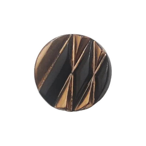 Textured glass button with copper and black geometric pattern, 14mm.