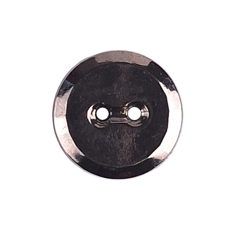 Two-hole glass button with silver-colored plated finish and faceted beveled rim, 14mm/22L.