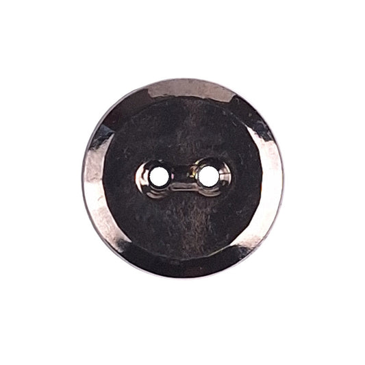 Two-hole glass button with silver-colored plated finish and faceted beveled rim, 14mm/22L.