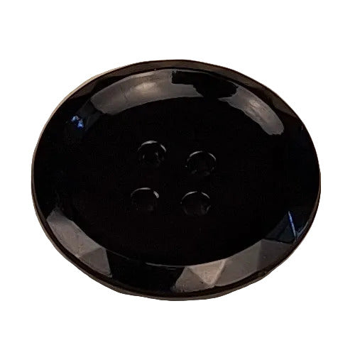 Black glass button, faceted round, two-hole, 23mm
