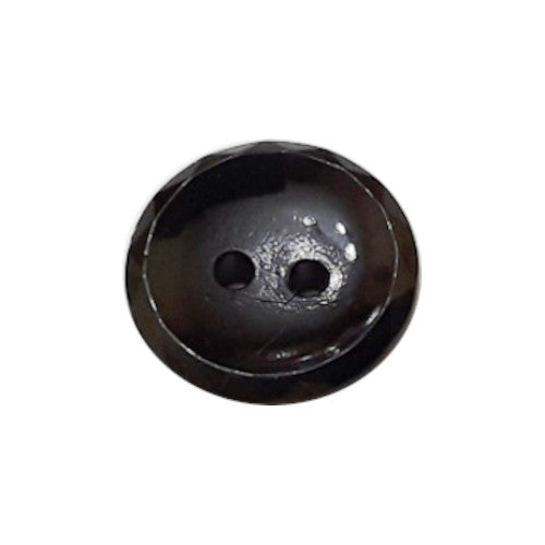 Black glass button, faceted round, two-hole, 14mm