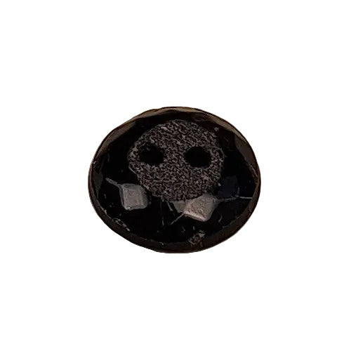 Black glass two-hole button, domed, faceted back, 14mm