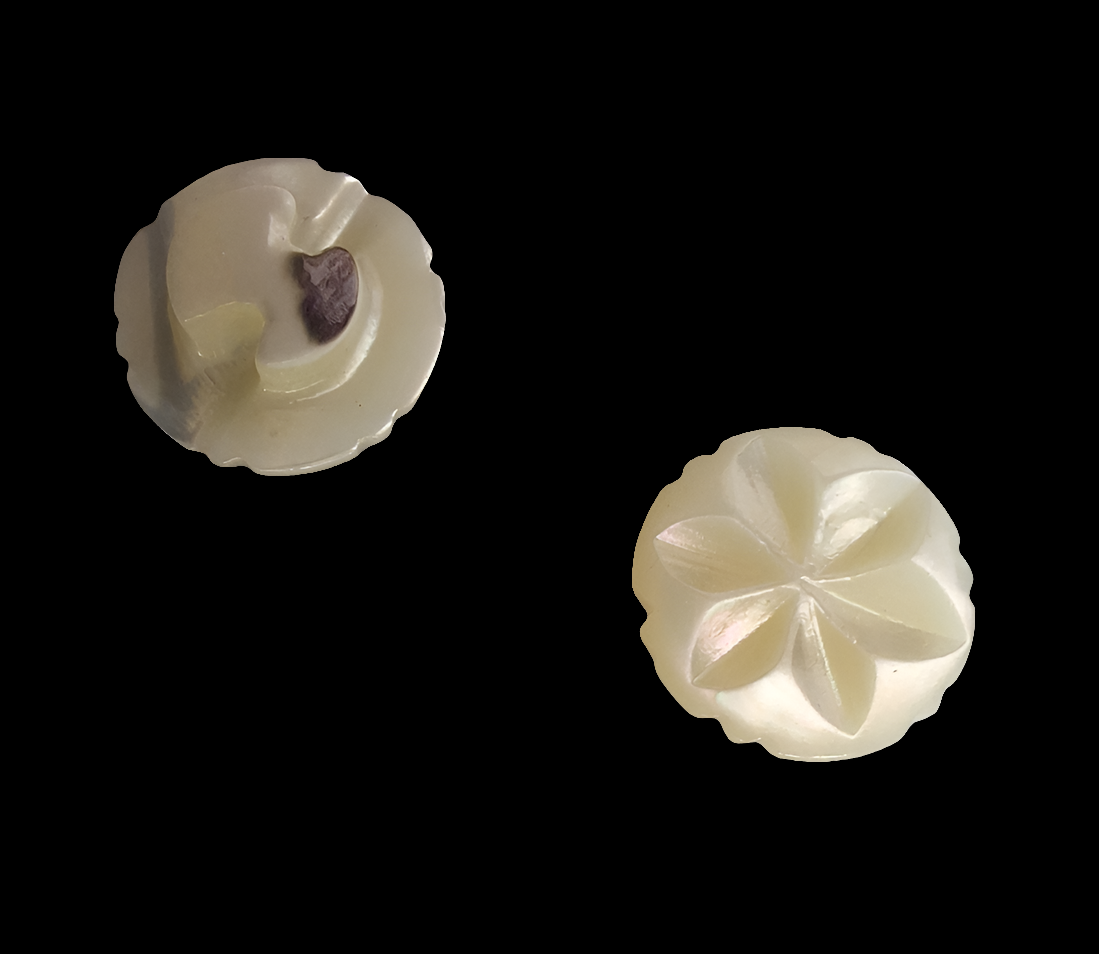 Carved shell buttons showing both the six-point star front and the smooth slotted back, arranged side by side on a black background to illustrate both surfaces.