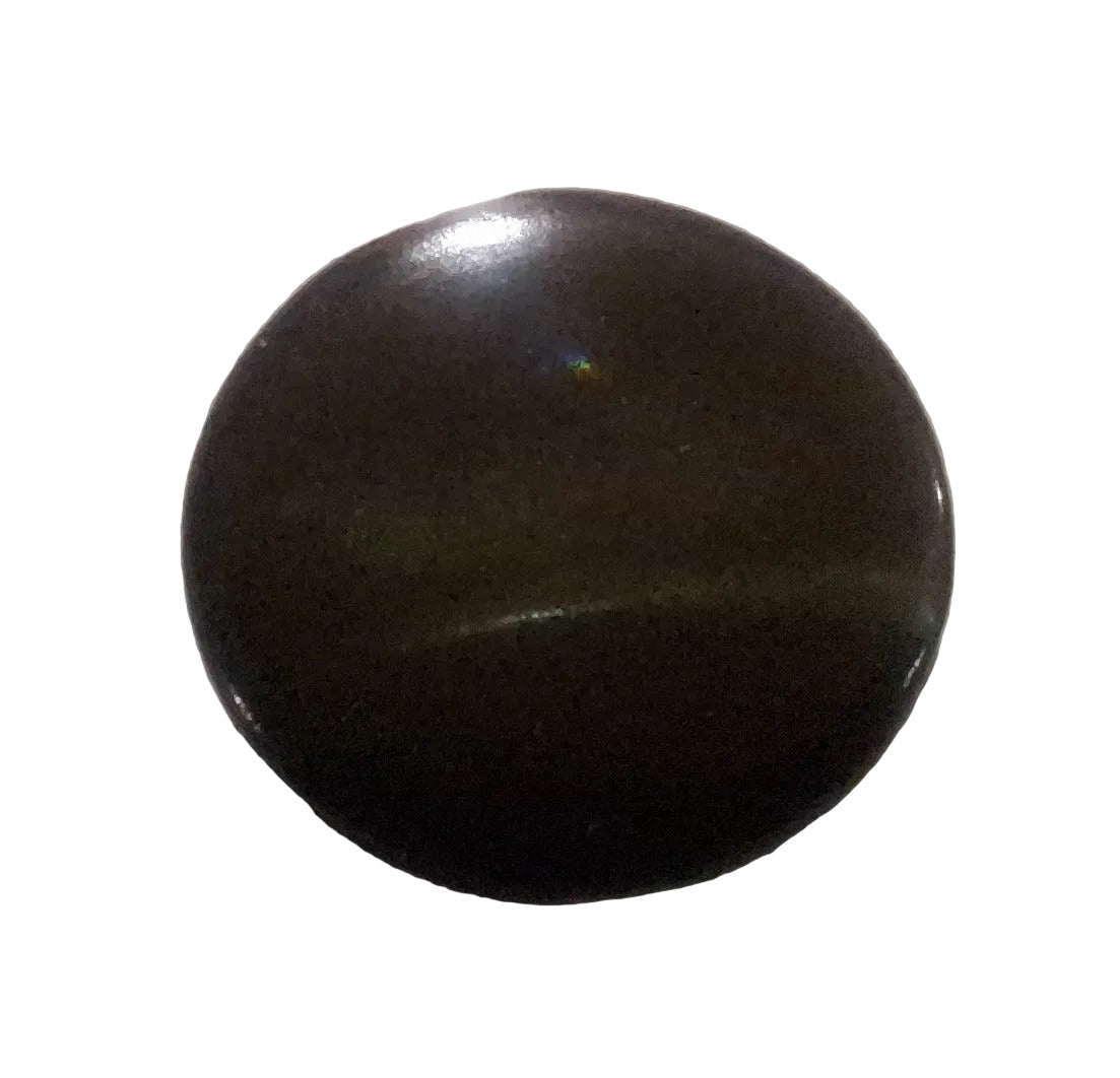 Front view of smoke Troca shell button with natural nacre reflection, self-shank, 15mm.
