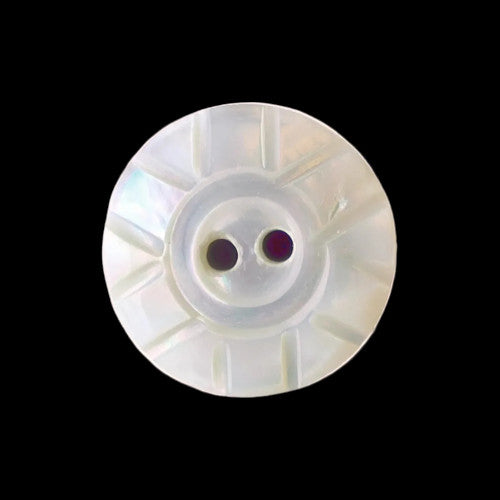 Front view of 15mm carved freshwater shell button showing iridescent surface and radiating line pattern with two-hole center.