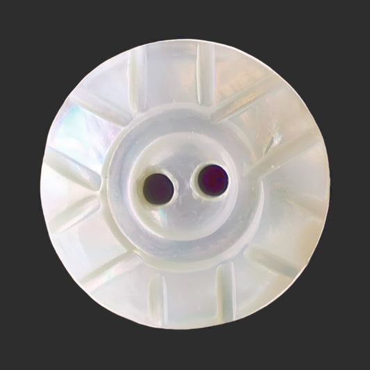 Front view of 19mm carved freshwater shell button showing iridescent surface and radiating line pattern with two-hole center.