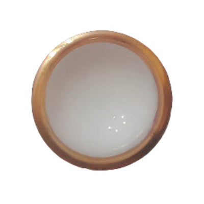 White glass button with a cup-shaped form and gold-colored rim, self-shank, 18mm/28L.