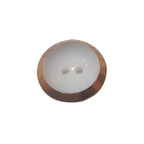 white two-hole glass button with raised faceted gold luster rim