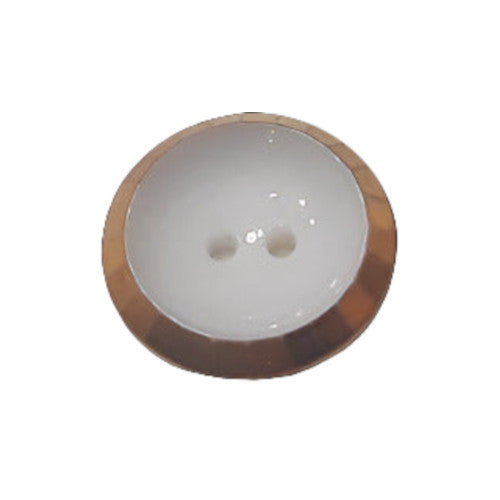 white two-hole glass button with raised faceted gold luster rim