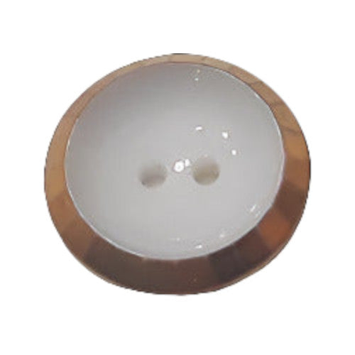 white two-hole glass button with raised faceted gold luster rim