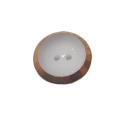 white two-hole glass button with raised faceted gold luster rim