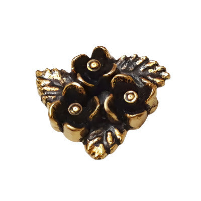 Antique gold metalized plastic flat back, three-flower cluster design, 18×22mm, vintage Japanese 1950s.